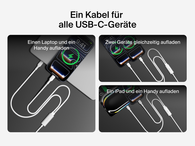 Ein geflochtenes Belkin BoostCharge Pro USB-C-Doppelkabel l&auml;dt einen Laptop und ein Handy, zwei Handys oder ein Tablet und ein Handy gleichzeitig mit bis zu 140&nbsp;W Leistung auf.